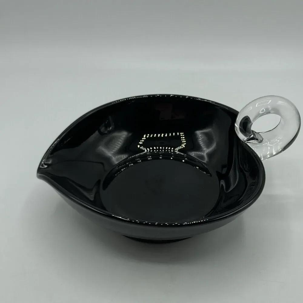 Vtg Black Glass Heart Candy Trinket Nappy Dish Applied Clear Loop Handle 6.25”